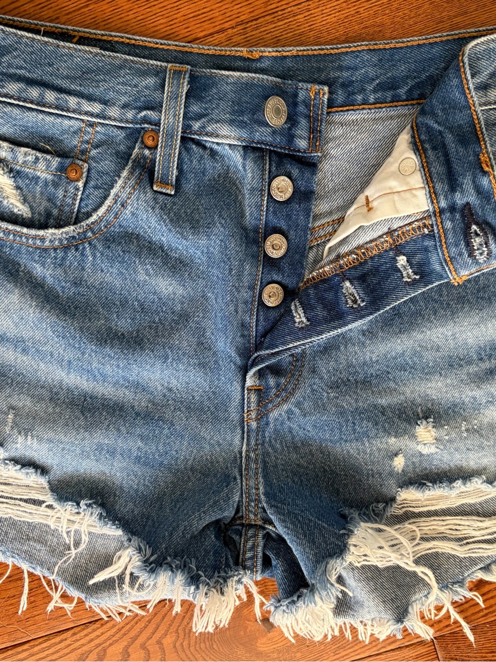 Levi's 501 Distressed High Waisted Denim Shorts Button Fly